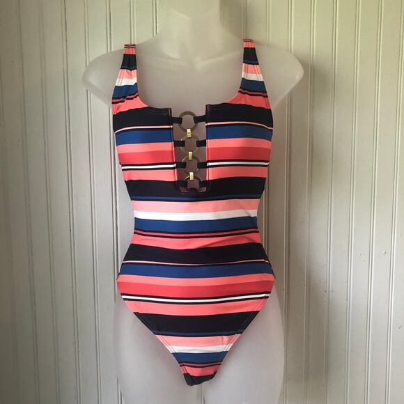 MICHAEL Michael Kors Retail $126 Striped Chain One Piece Swimsuit Size 10 - Picture 1 of 7